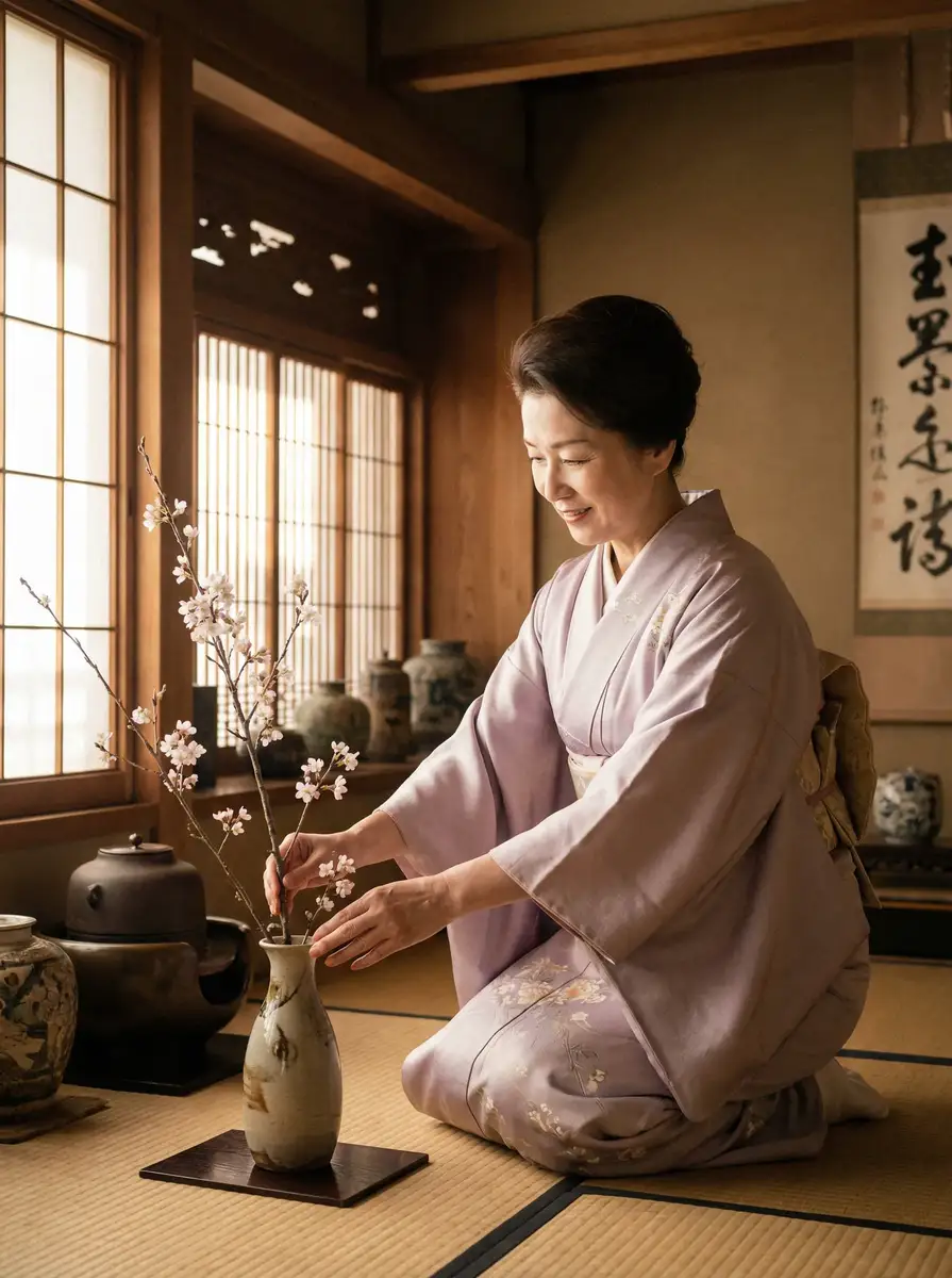 一位优雅的 百花视频 在和室中插花